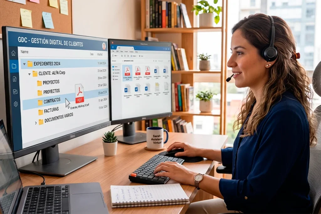 Legal virtual assistant wearing a headset managing confidential case files and contracts on dual monitors.