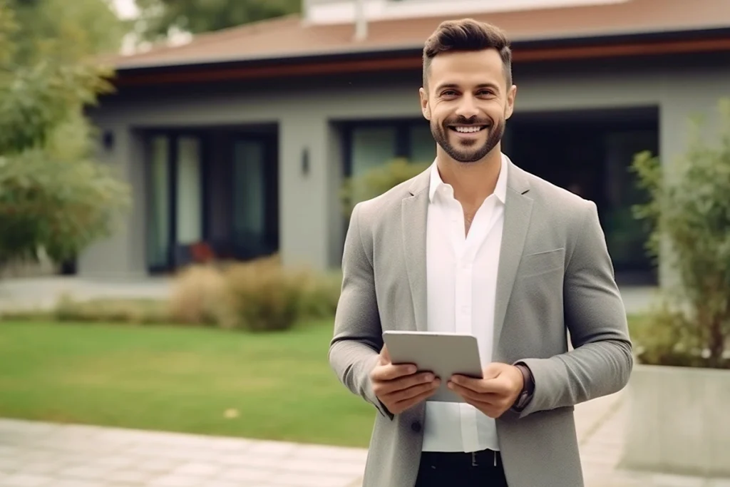 Smiling male real estate agent in a grey blazer holding a tablet in front of a modern residential property.