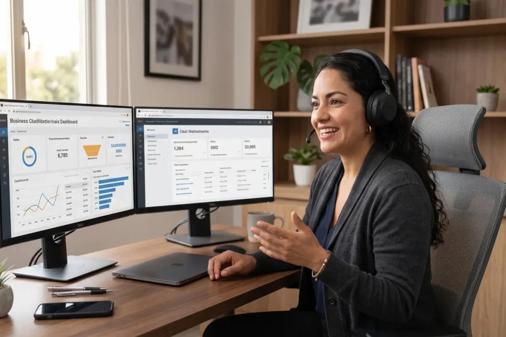 Asistente virtual con auriculares sonriendo mientras trabaja frente a dos monitores analizando datos del negocio.