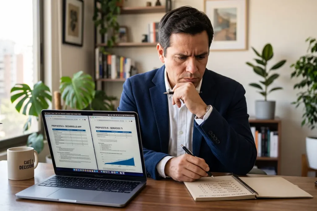 Ejecutivo evaluando en su laptop diferentes propuestas para elegir la mejor empresa de asistentes virtuales.