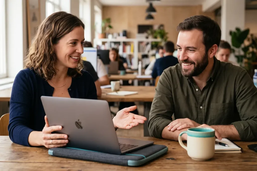 Dos compañeros de trabajo sonriendo mientras revisan una laptop para aprender cómo empezar a delegar.
