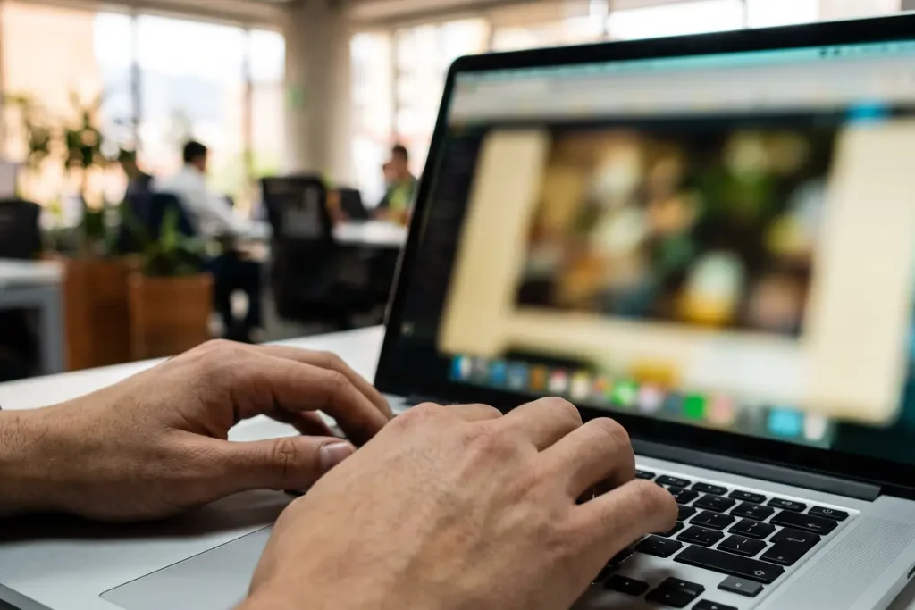 Manos de un profesional escribiendo en una laptop en la oficina durante la contratación directa de un asistente virtual.