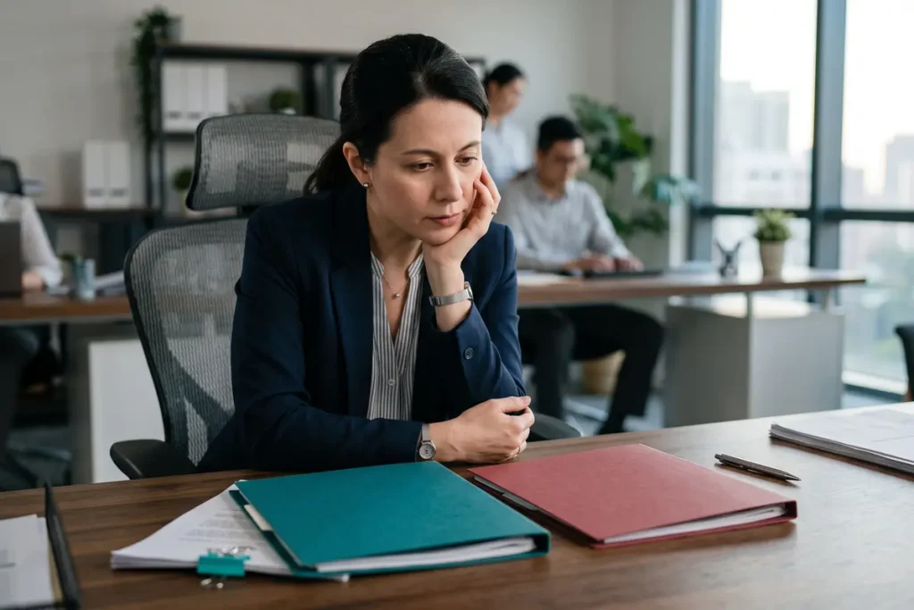 Overwhelmed office worker sitting at her desk looking pensively at folders, representing the need to outsource customer service.