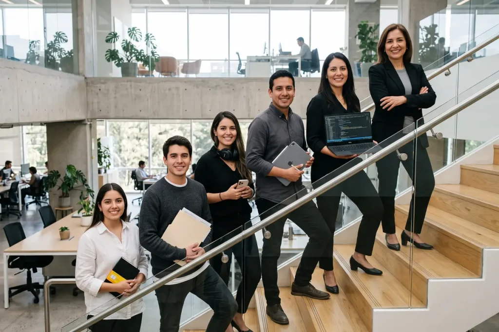 Equipo profesional en las escaleras de una oficina representando diferentes grados de servicio de asistente virtual.