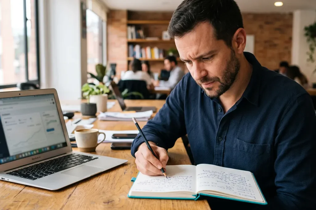 Focused professional writing a task checklist in a notebook next to a laptop to organize and delegate workload.