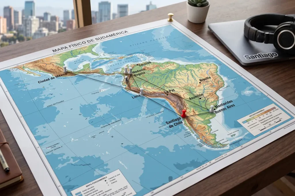 Map of Latin America on a desk with pushpins showing remote virtual assistant network hubs.