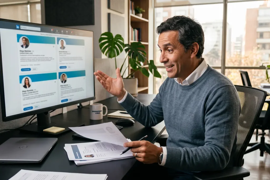Recruiter reviewing a printed resume at his desk in front of a monitor showing professional candidate profiles.