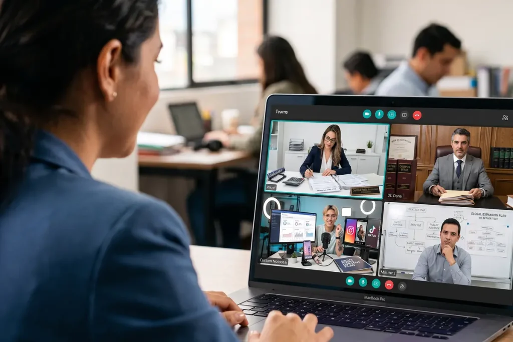 Laptop screen showing a video conference with remote profiles from different industries, including legal, accounting, and marketing professionals.