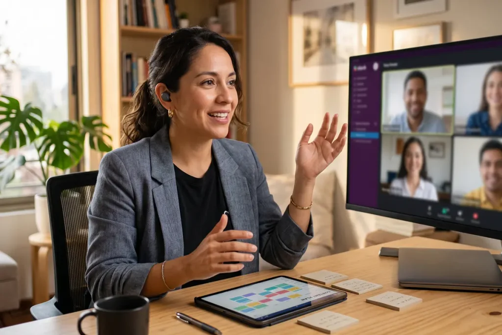 Smiling professional woman wearing an earbud during a video conference call at her home office desk with a tablet.
