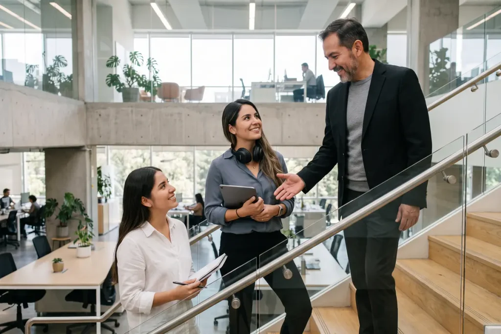 Executive talking on office stairs with two virtual assistants holding a tablet and notepad.
