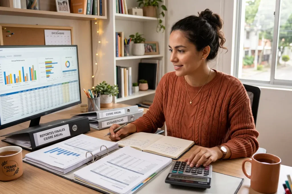 Virtual assistant working on year-end financial reports with a calculator and on-screen charts.